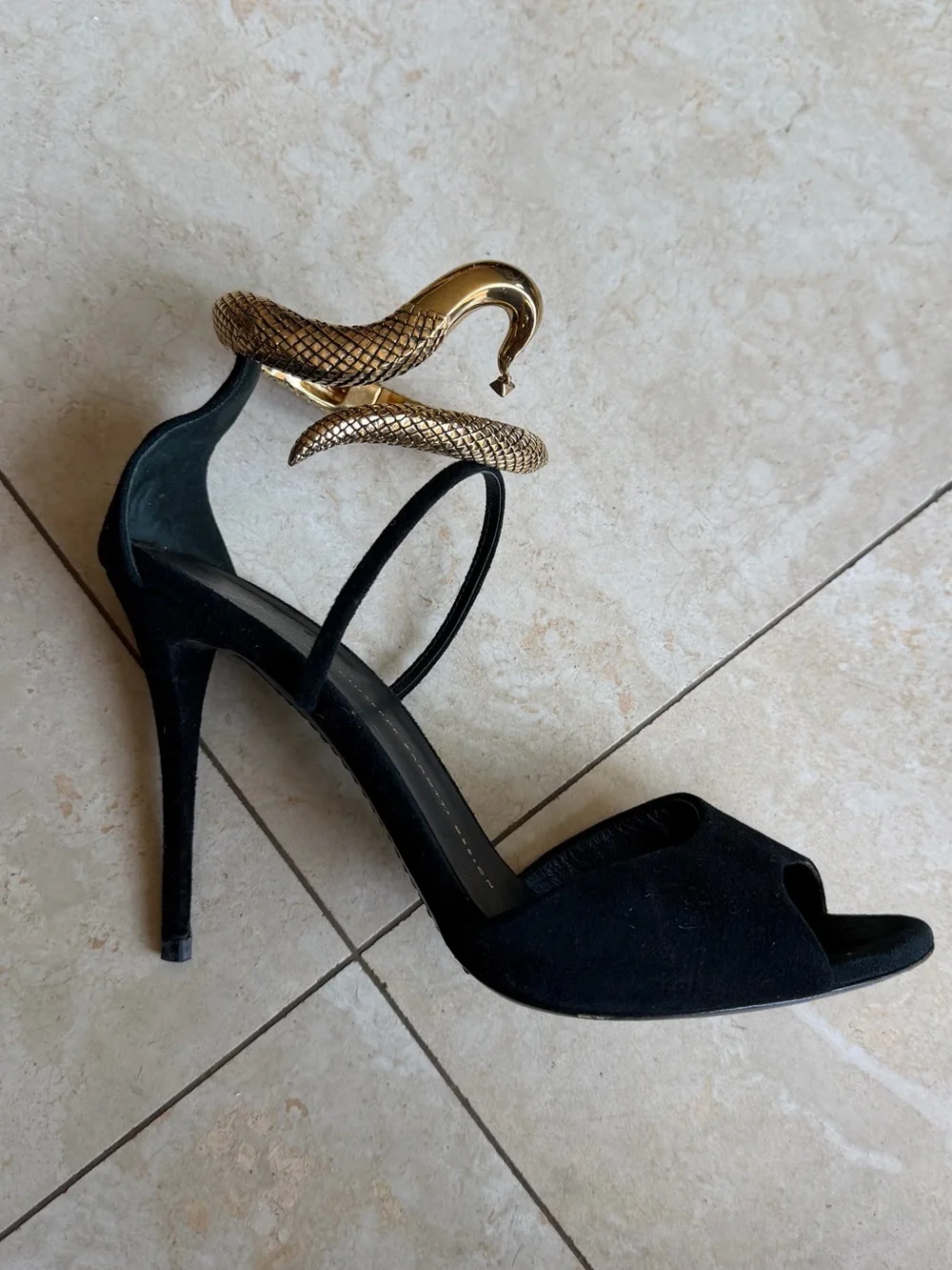 Giuseppe Zanotti Black Suede Heels with Gold Snake Detail sz 39